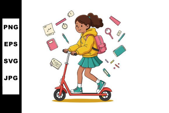 Cheerful Girl on Red Scooter: A Vibrant Embroidery Design