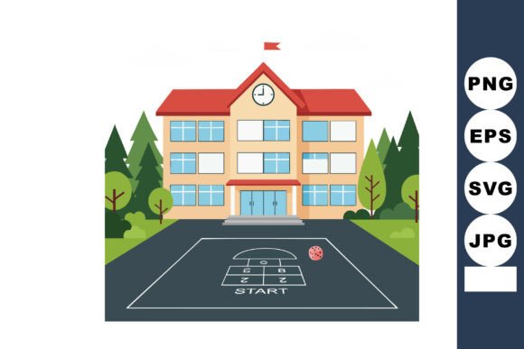Cheerful School Building with Playground and Hops
