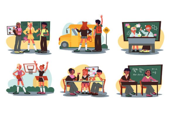 School Pupils Concept Set: A Vibrant Embroidery Design
