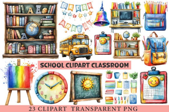 Watercolor School Clipart for Embroidery
